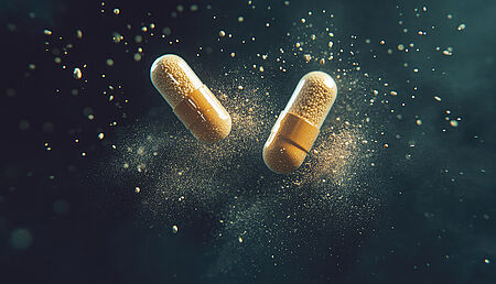 Opened capsule releasing golden medicine powder into the air against a dark, blurred background, symbolizing pharmaceutical innovation and wellness.